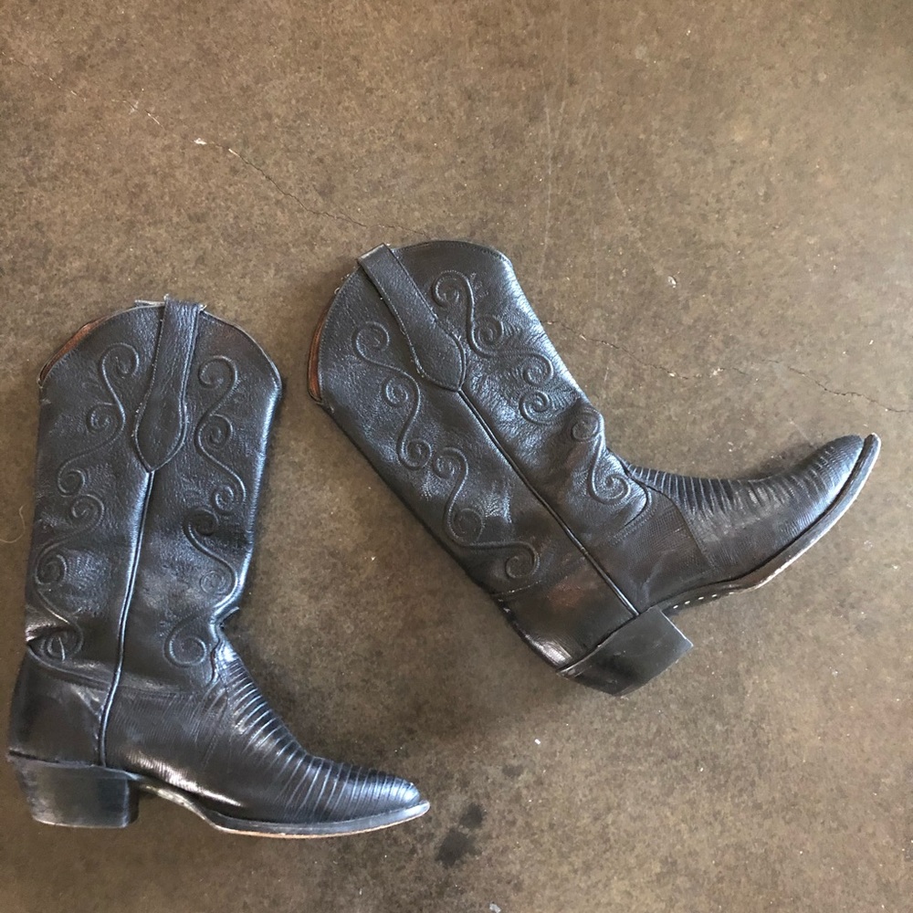 Tony Lama pointed toe Black Brilliant lizard leather western boots - Picture 6 of 9